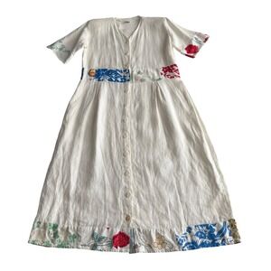 Homefrocks 100% Linen and Vintage Tea Towel Patchwork Button Front White Dress M